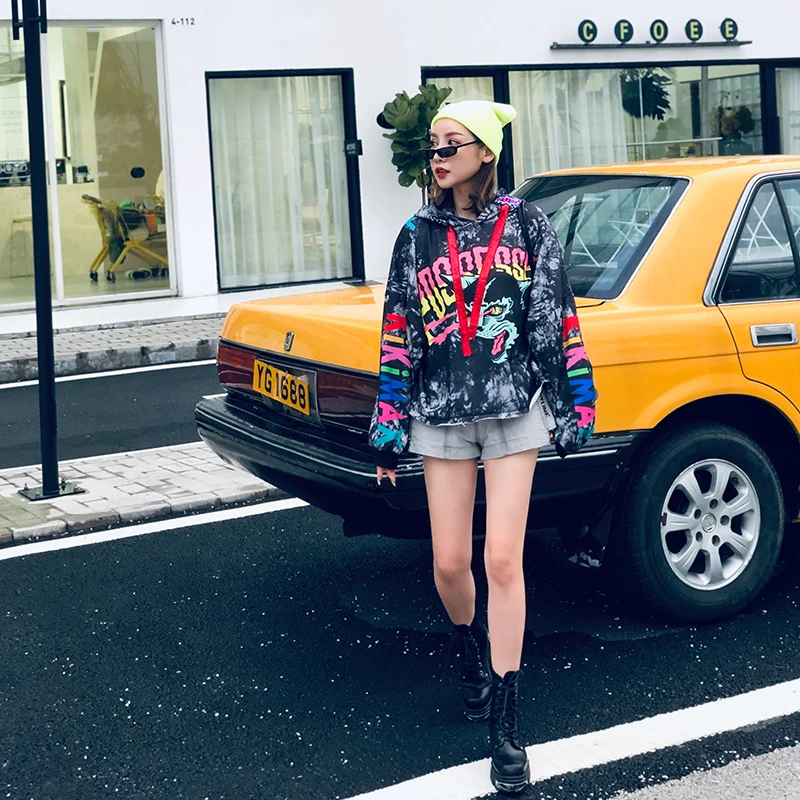 7mang, осенняя Женская мода, уличная граффити, с принтом дьявола, худи, Harajuku, Мультяшные, повседневные толстовки, свободные, вечерние, толстовки, 0911