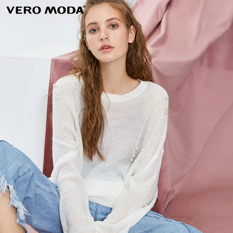 Vero Moda зимний осенний свитер с длинными рукавами украшенный жемчугом женский |