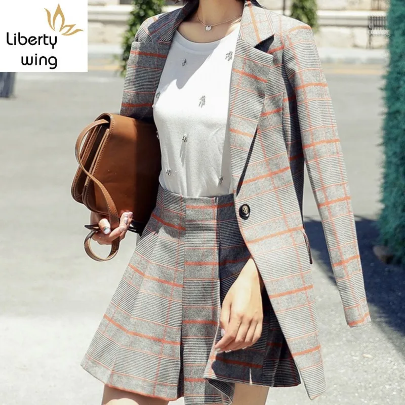 

England Ladies Fashion Casual Suit Plaid Printed High Waist Shorts Skirt Suits Two Piece Women OL Blazer Outfits Ensemble