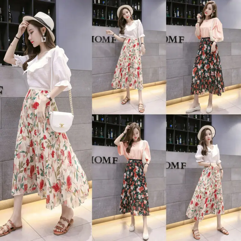 Женское шифоновое Флористический с высокой талией макси платье расклешенное плиссированное платье с коротким и широким подолом длинная юбка женская элегантная богемная юбка с принтом