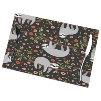 

6 Pcs Placemat Table Mat Funny Sloth On Tree Cute Baby Sloth And Flowers For Tables Heat-insulation Linen Kitchen Dining Pads