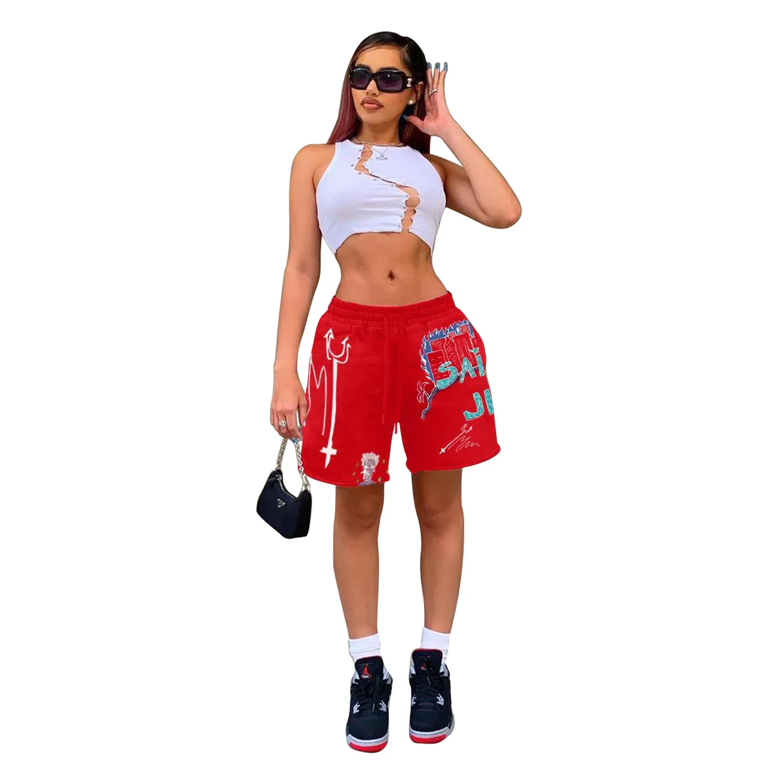 RMSFE 2021 Summer Women New Sweater Fabric Fashion Multicolor Printing Wearing Rope Three Pocket Shorts workout clothes for women