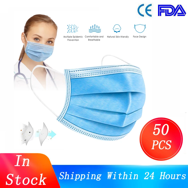 

1/5/10/50pcs Disposable Protective Mask Dustproof 3-Layers Non-woven Face Mouth Masks PM2.5 Breathing Face Masks