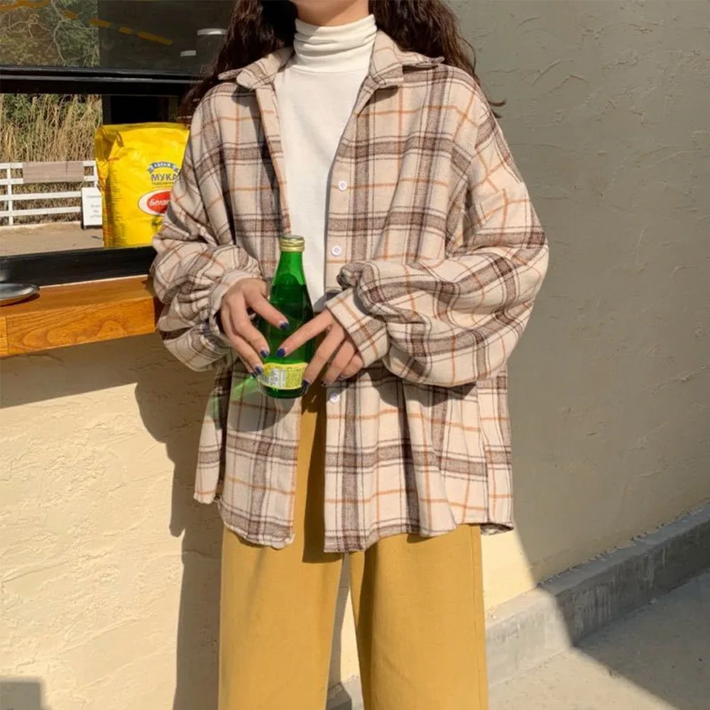 Блузка женская с отложным воротником универсальная Свободная рубашка в клетку