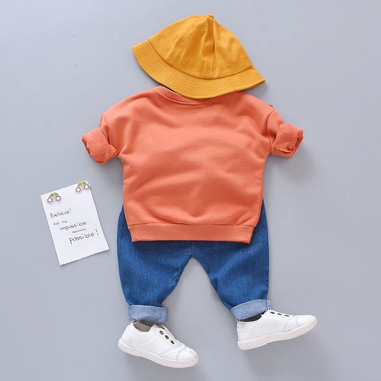 Коллекция года, весенние комплекты одежды для младенцев комплекты одежды для маленьких мальчиков и девочек Футболка с шарфом джинсы со смайликом Детский Повседневный костюм из 2 предметов