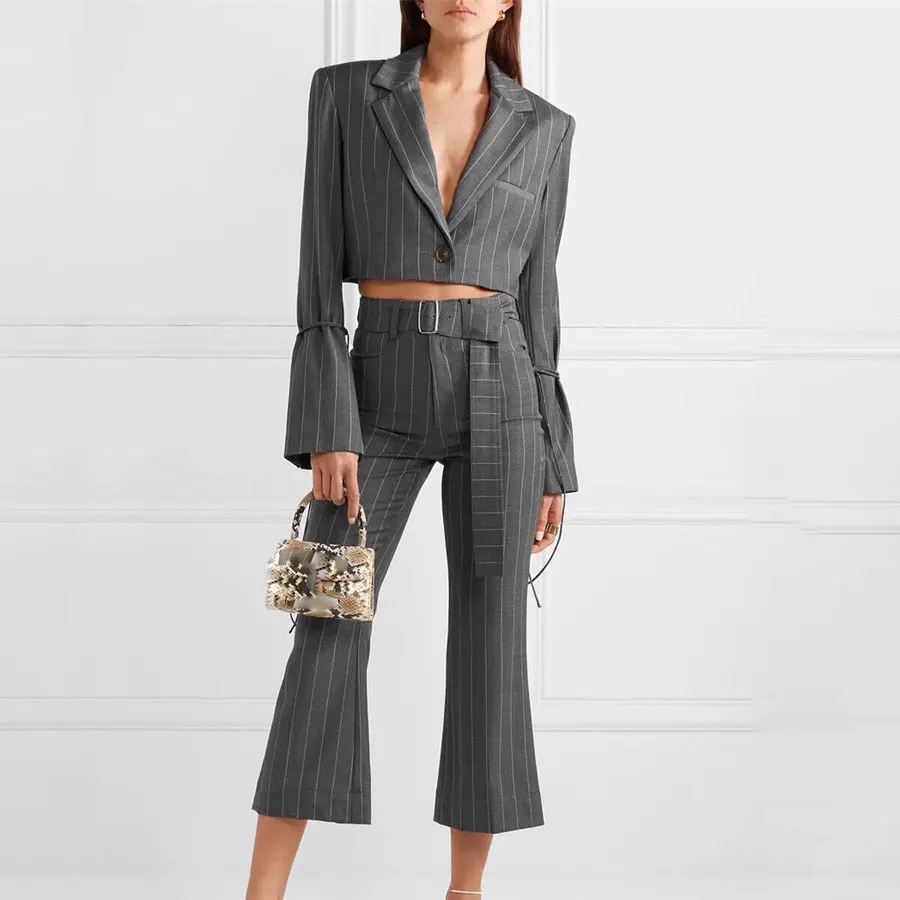 

2019 2 Piece Set Women Long Sleeve Crop Top and Ankle-length Pants Striped Two Piece High Waist Fashion Pants Office Lady Sets