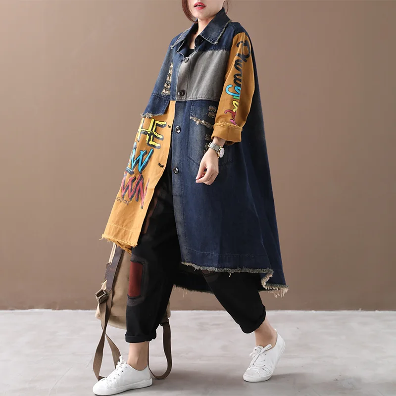 

Oversized Denim Trench Women Harakuju Style Contrast Color Cowboy Windbreaker Loose Irregular Big Size jean Cardigans outerwear