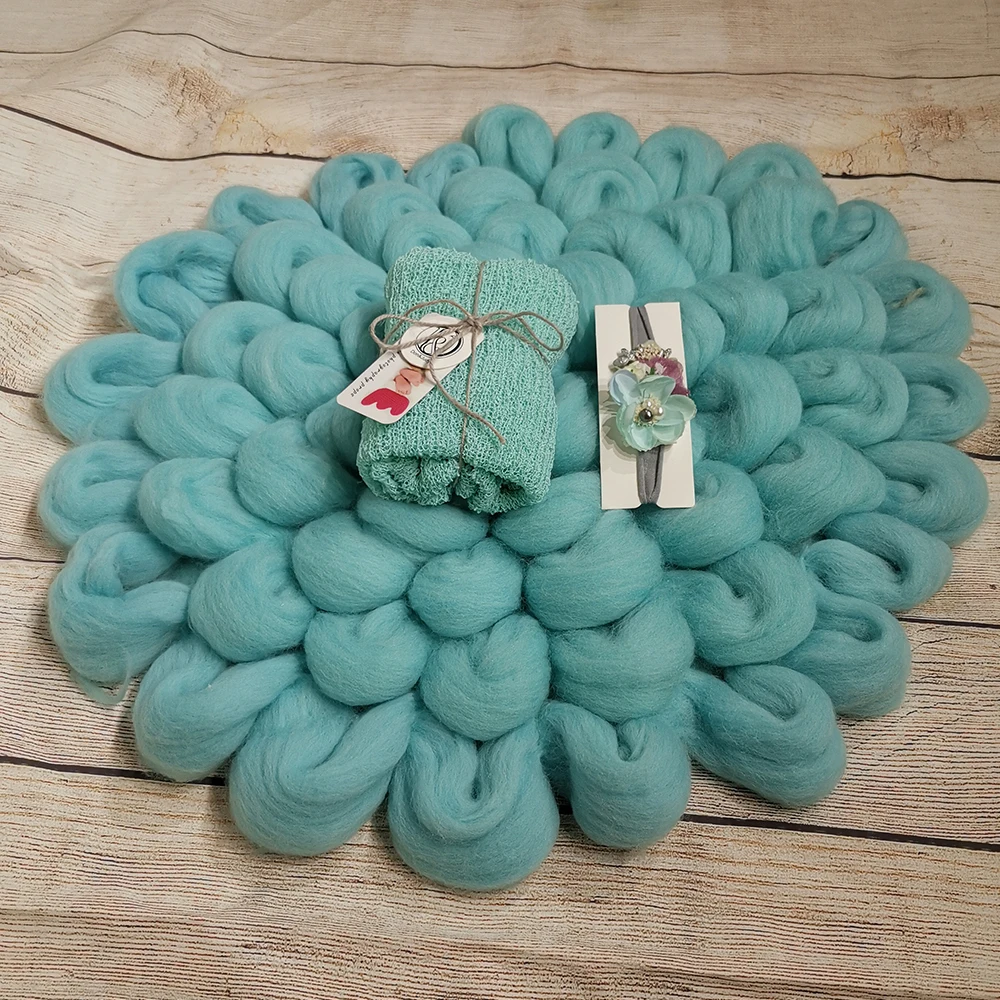 

A Set HandKnit Super Thick 100% Soft Wool Blanket+140*30cm Stretch Knit Wrap+Matched Headband for Newborn Baby Photography Props