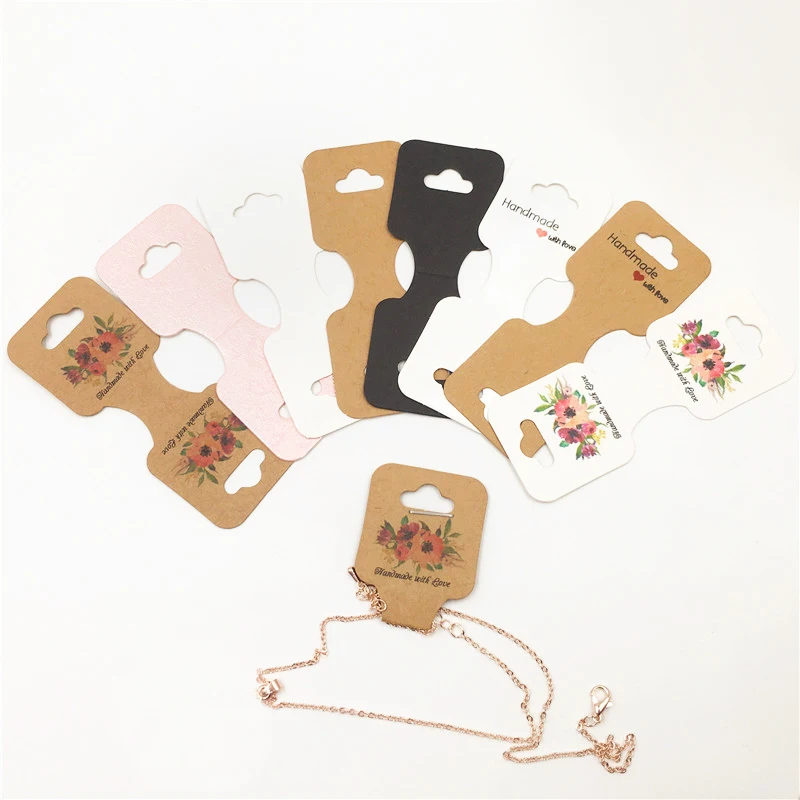 50pcs 9x3.5cm Necklace Bracelet Folding Card Jewelry Display Bracelet Flower Print Label Price Tag Cardboard DIY Gift Packaging