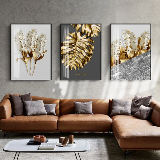 Nordic Golden abstract leaf flower Wall Art Canvas Painting Black white feathers Poster Print Wall Picture for Living Room Decor 1