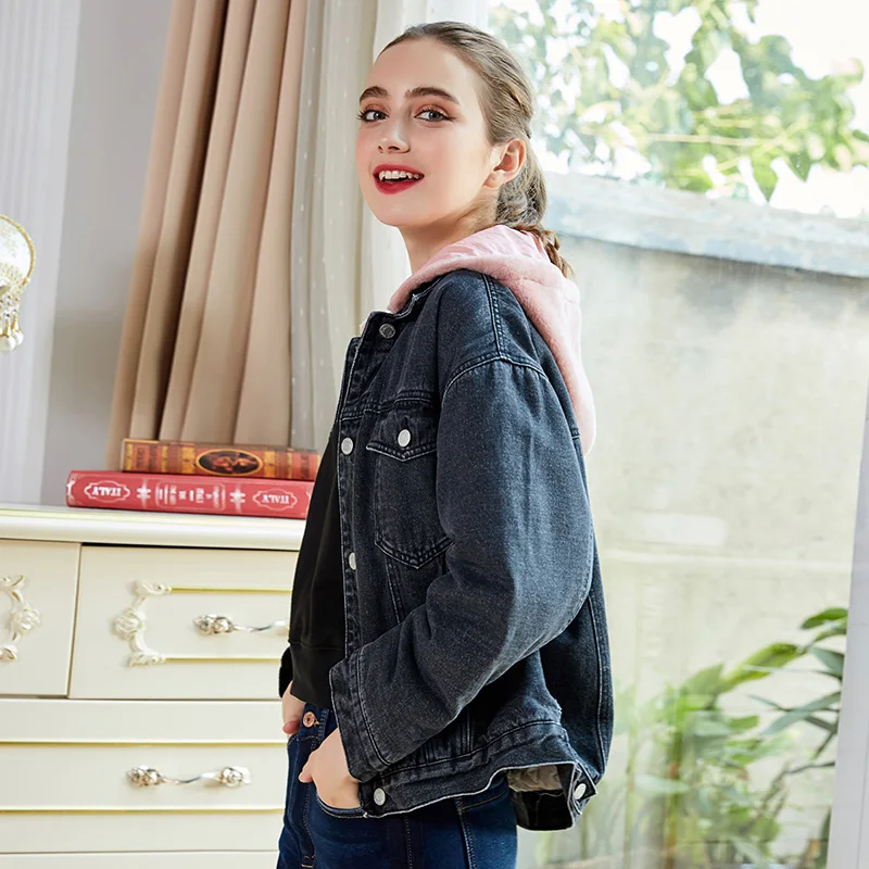 Женская джинсовая куртка с начесом LEIJIJEANS, теплая стильная куртка с розовым капюшоном, новая молодежная модель 9226R большого размера на зиму