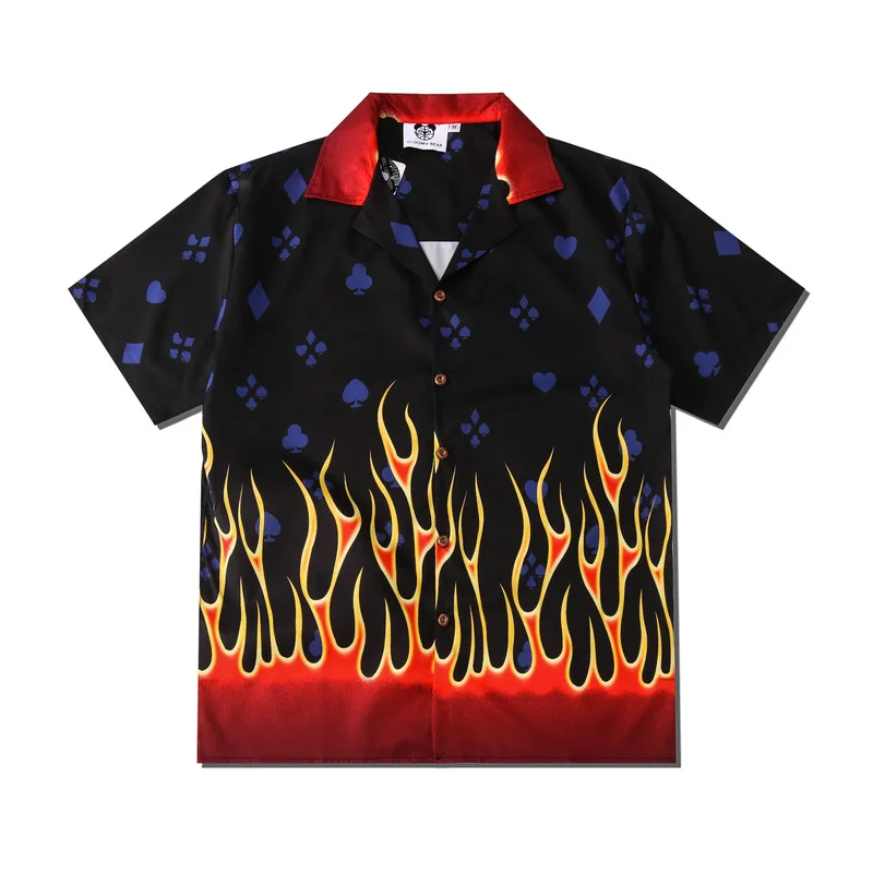 Men's Clothing Y2K Fashion Vintage Flame Print Maglia Short Sleeve Shirts Summer New Casual Hawaiian Beach Viking Man Shirt