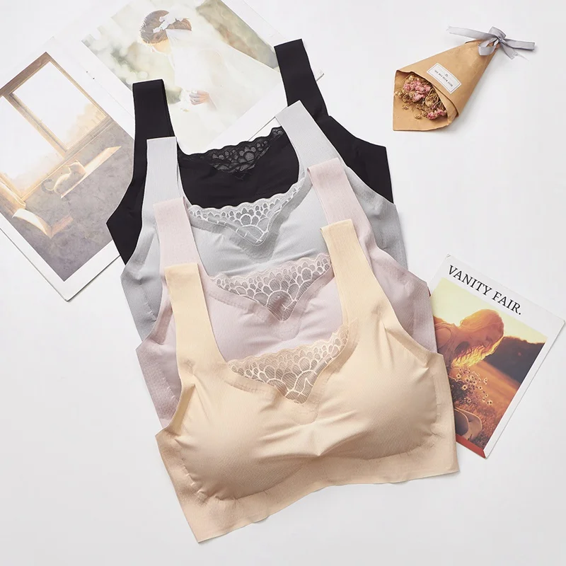 Ice Silk бесшовный топ без косточек, кружевной, красивый, обернутый сзади, на груди, однотонный, кружевной, с вышивкой, широкий плечевой ремень, тянущийся спортивный бюстгальтер