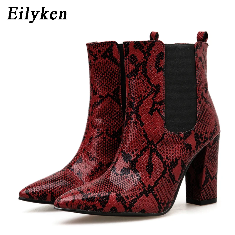 

EilyKen Fashion Square Heel Red Serpentine PU Leather Boots Pointed Toe Short Boots Casual Ladies Boots Shoes Winter