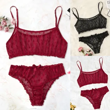 

Women Underwear Set Sexy Bra Set Solid Dot Mesh Bra Bow knot Underpants Sleepwear Black Lingerie Set кружевное белье