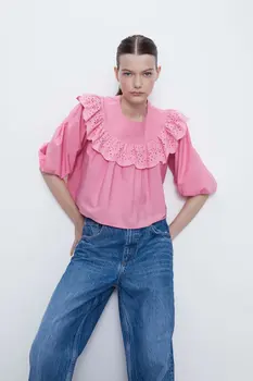 

2020 new Spring Summer cotton European He Telescope Poplin pink female Tops zaraing vadiming sheining Women Shirt CDC9606