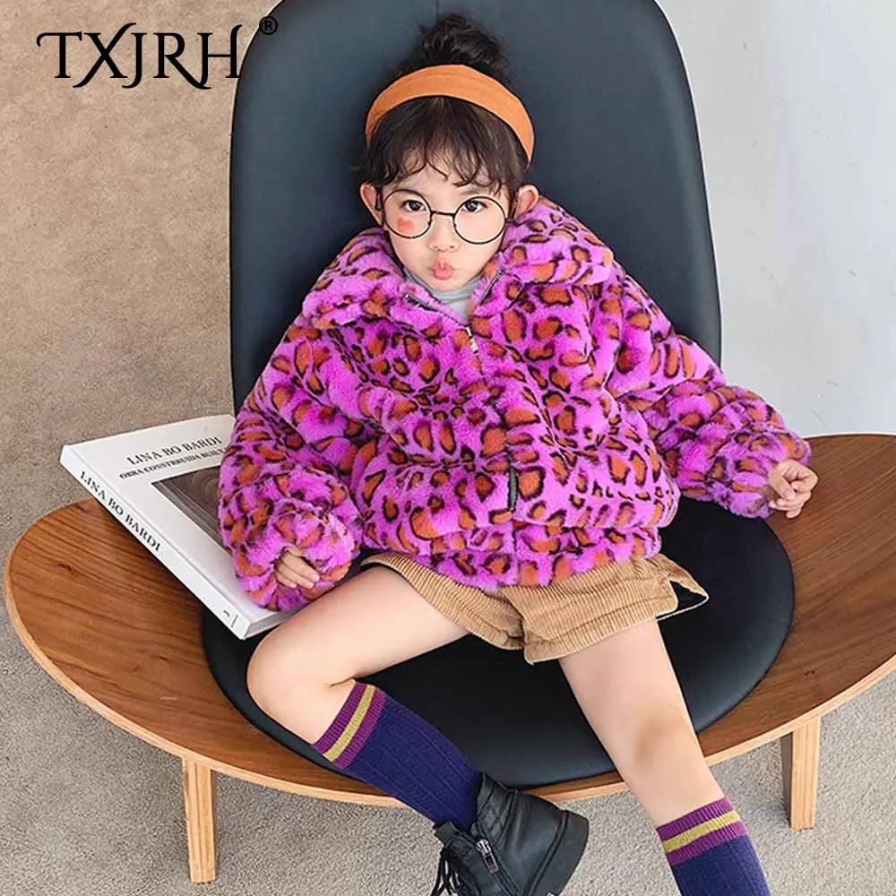 TXJRH/, пушистое меховое пальто с отворотом для мамы и дочки, фиолетовое пальто с искусственным мехом и леопардовым принтом, пушистый кролик куртка на молнии с длинными рукавами, верхняя одежда, топы