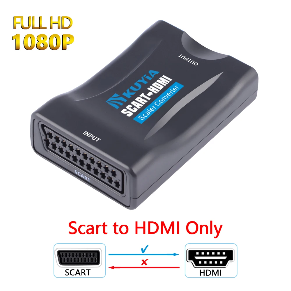 

Scart to HDMI Adaptor, KUYiA 720P/1080P Scart In HDMI Out Converter Upscale Video Audio Adapter for VHS XBox HDTV STB PS3 Sky