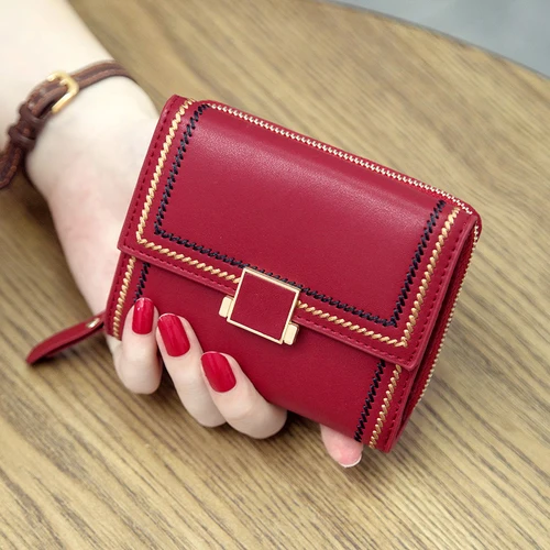 new European and American fashion small wallet short female leather multi-card card package female leather wallet purse - Цвет: red wine