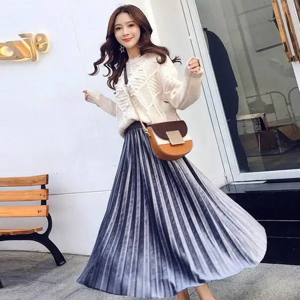 New Spring Autumn Women Solid Skirt High Waist Velvet Elastic Female Midi Skrit Loose Vintage Pleated Skirts DC697