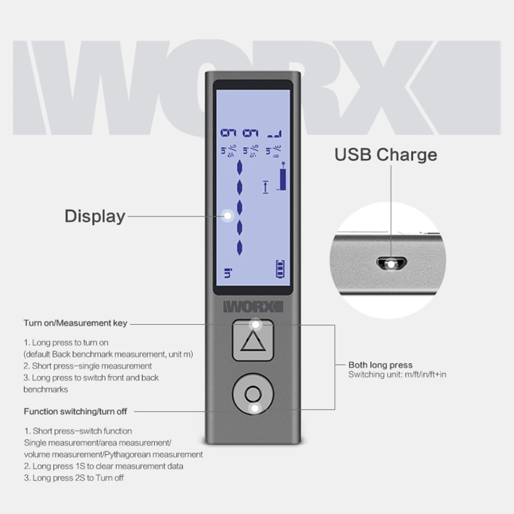 Цифровой лазерный дальномер Worx WX013 Ручной Карманный измеритель расстояния с ЖК