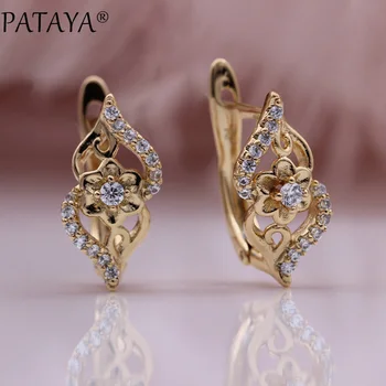 

PATAYA New White Flower Party Gift Natural Zircon Dangle Earrings 585 Rose Gold Fashion Jewelry Wedding Hollow Women Earrings