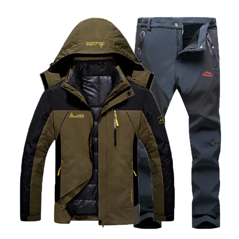 Brown Gray Suit Мужские зимние водонепроницаемые треккинговые походные лыжные ползунки, теплые хлопковые куртки 3 в 1, флисовые штаны, костюм, пальто - Цвет: Brown Gray Suit