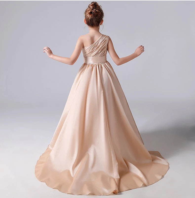 Dideyttawl Champagne Satin Flower Girl Dresses One Shoulder Girl Wedding Party Dress Ball Gown Girl Princess Dress Formal Dress