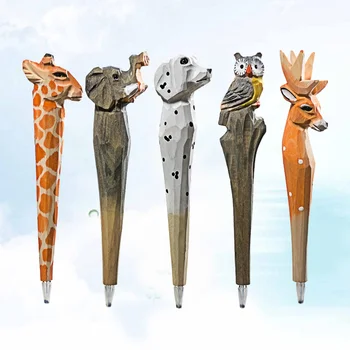 

5PCS Adorable Ballpoint Pen Carved Wooden Writing Pen Creative Stationery Gift for Kids