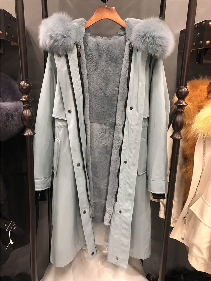 Light Blue Новинка, женская модная парка, зимние толстые теплые длинные пальто с подкладкой из кроличьего меха, Воротник из натурального Лисьего меха Parker S7576 - Цвет: Light Blue