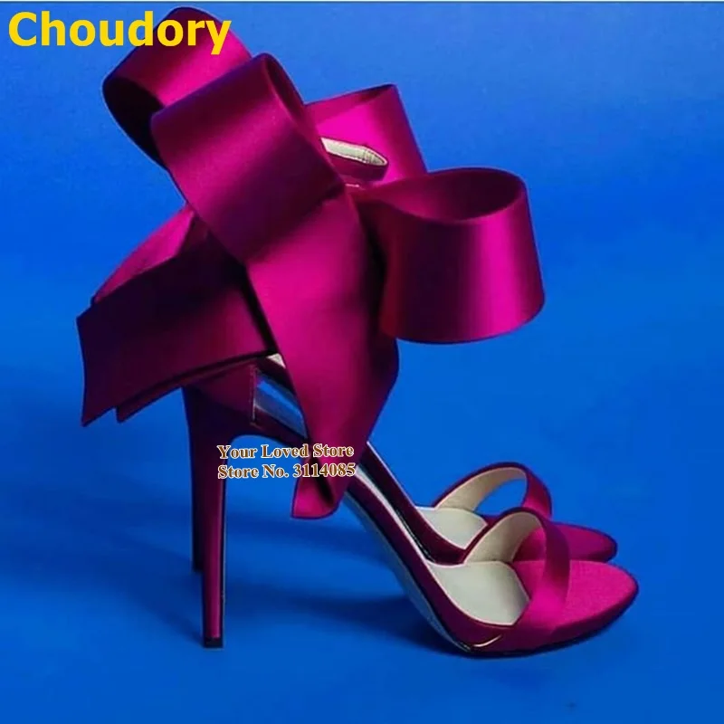 玫红色丁布大蝴蝶结一字带凉鞋 (2)