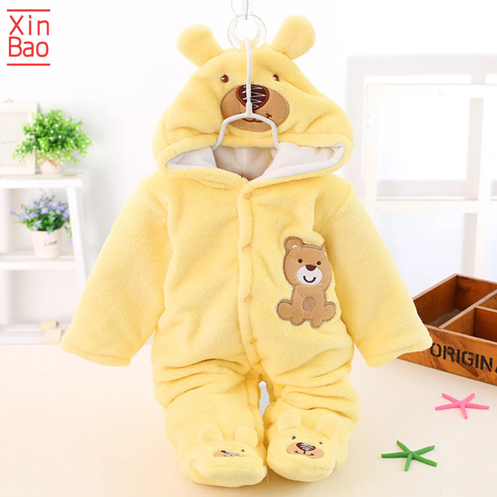XINBAO/Новинка года; зимняя одежда для малышей; Рождественский теплый фланелевый плюшевый костюм с рисунком медведя для маленьких мальчиков и девочек; комбинезон с капюшоном для новорожденных - Цвет: yellow 2