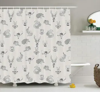 

Grey Decor Collection, Illustration of Weird Forest Animals in Retro Style Rabbit Fox Dear Wild Life Boho Chic Art Home,