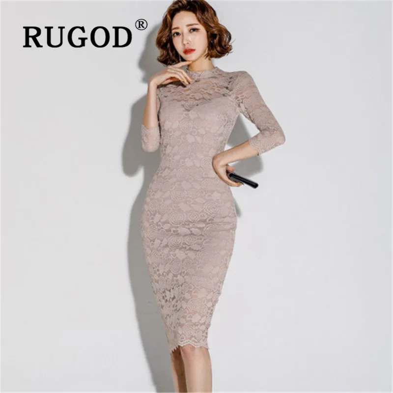 RUGOD женские платья, новинка весны, корейское Тонкое Платье До Колена, кружевное черное сексуальное облегающее платье, модное винтажное женское платье