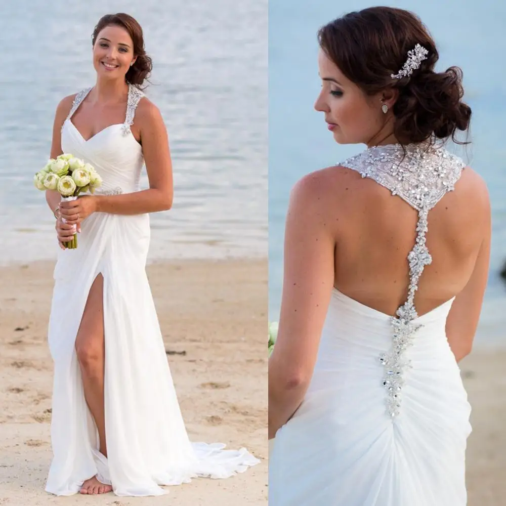 

Rustic Beach Wedding Dresses White Chiffon 2020 Sexy Backless Country Wedding Dress With Beaded Crystal Sexy Slits Bridal Gowns