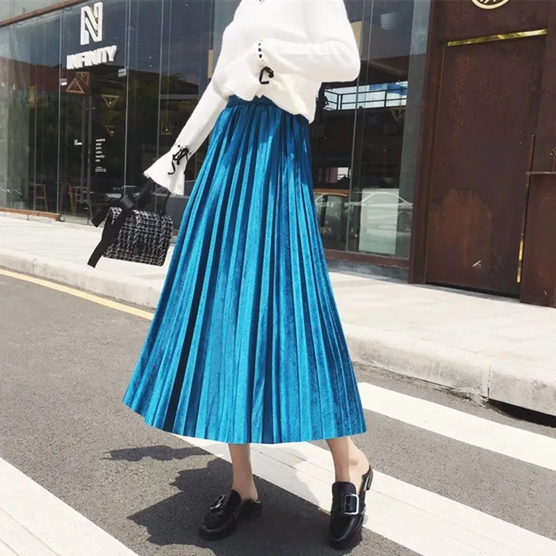 white tennis skirt 2021 Gold Velvet Pleated Skirt Women's Skirts Spring and Autumn New Korean A-line Skirt High Waist Mid-length Umbrella Skirt purple skirt Skirts