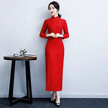 

Elegant Slim Long Qipao Chinese Women Evening Dress Sexy Lace Split Cheongsam Chinese Red Bride Wedding Dresses Plus Size M-4XL