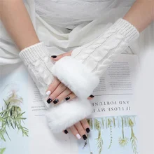 Autumn Winter Solid Color Students Write Keep Warm Korean Knitting Lady Fingerless Protection Hand  Faux Rabbit Fur Gloves Women