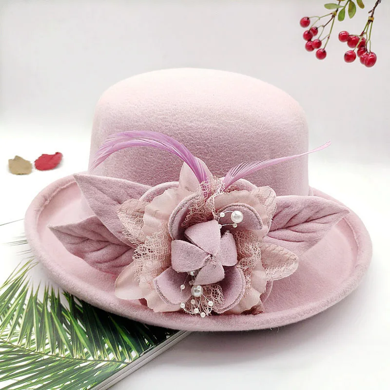 Spring Winter Women Floral Wool Cap Hats Fedoras Stylish Western Bucket Hats Warm Female Bowler fashion hat