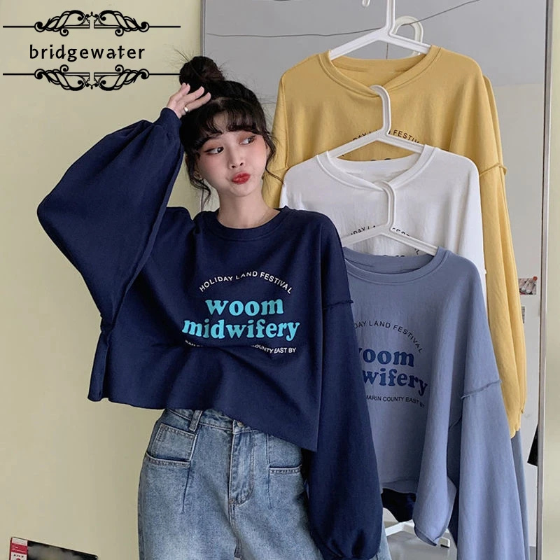 

Bridgewater Women's Hoodless Sweatshirts Spring Autumn High-Waist Navel Crop Short Round Neck Long Sleeve Thin All-match Loose