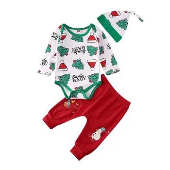 

Baby Boy Girls Clothes Sets Christmas Tree Long Sleeve Romper Pants Hat Clothes Outfit Playsuits Baby Boy Girls