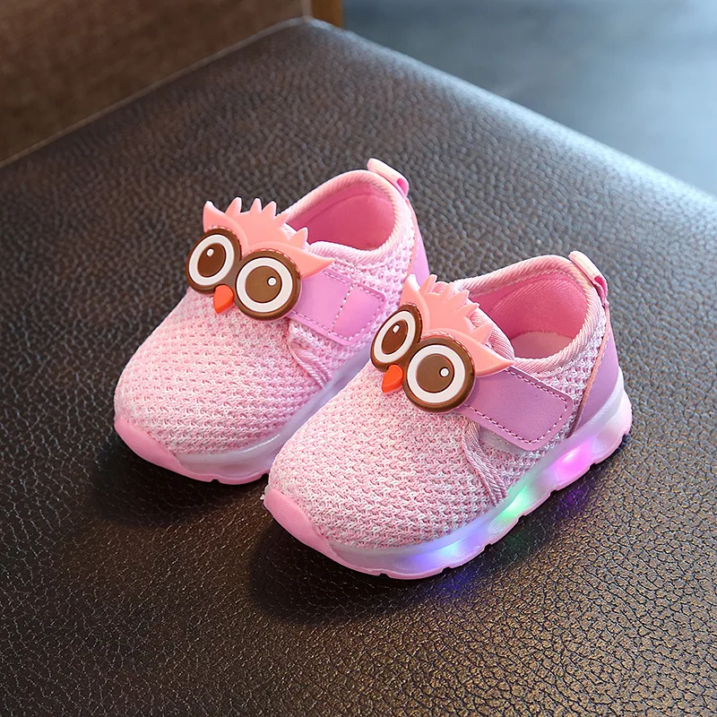 Повседневная обувь для мальчиков и девочек со вспышкой, светодиодный, дышащая Спортивная обувь для маленьких детей, спортивная обувь с рисунком совы, светящиеся кроссовки - Цвет: Pink