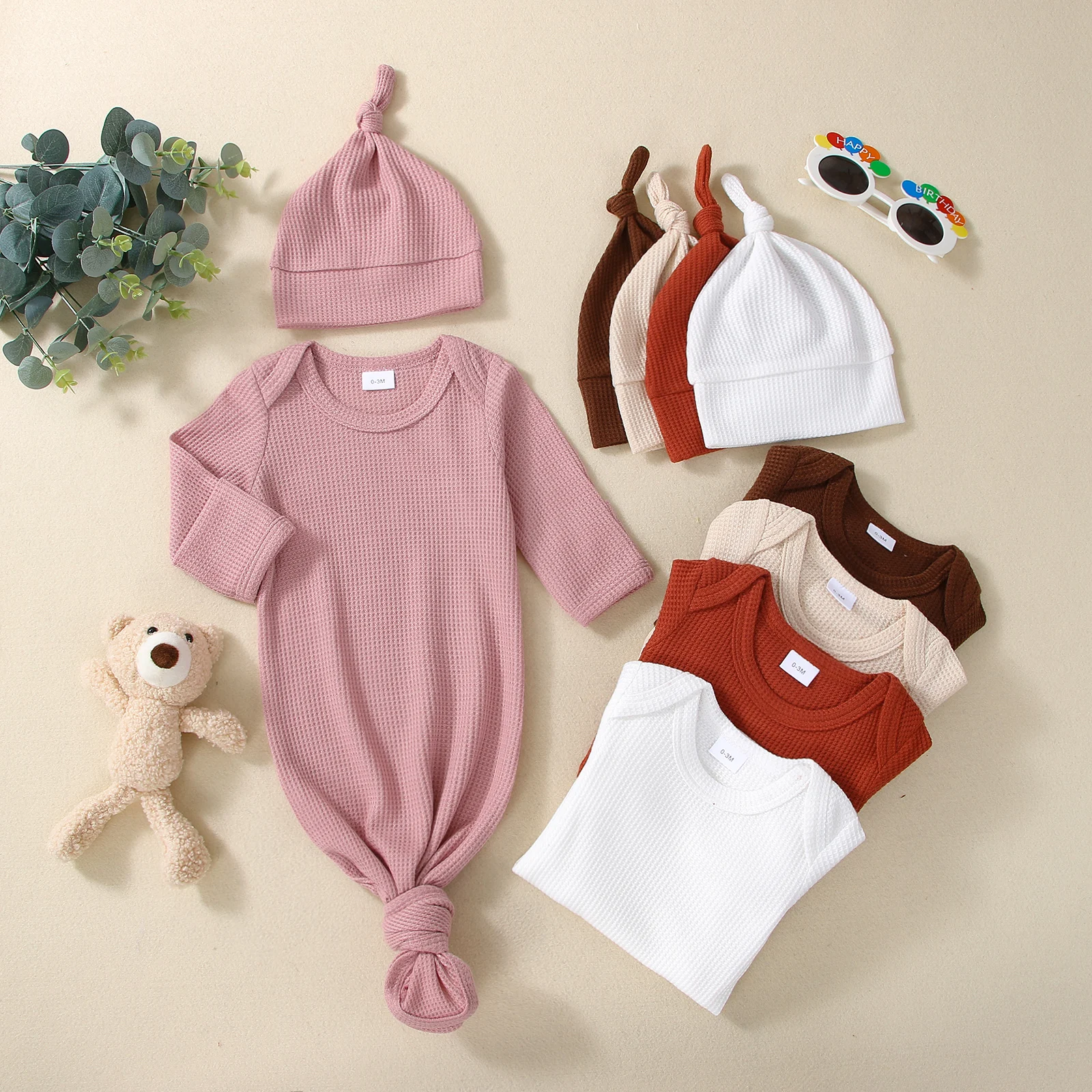 0-3M Newborn Baby Boys Girls Sleeping Bags Soft Cotton Waffle Infant Solid Color Long Sleeve Sleeping Sack+Knotted Cap Sleepwear