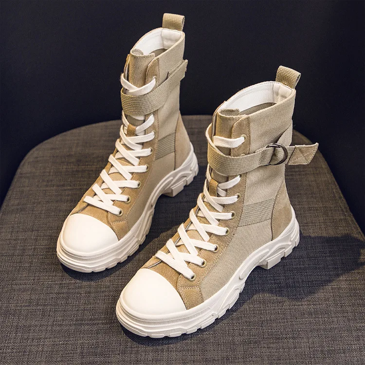 

LZJ 2019 Autumn Canvas Combat Military Boots For Women Fashion Non-slip Rubber Shoes Woman Ladies High-Top Mid-calf boots