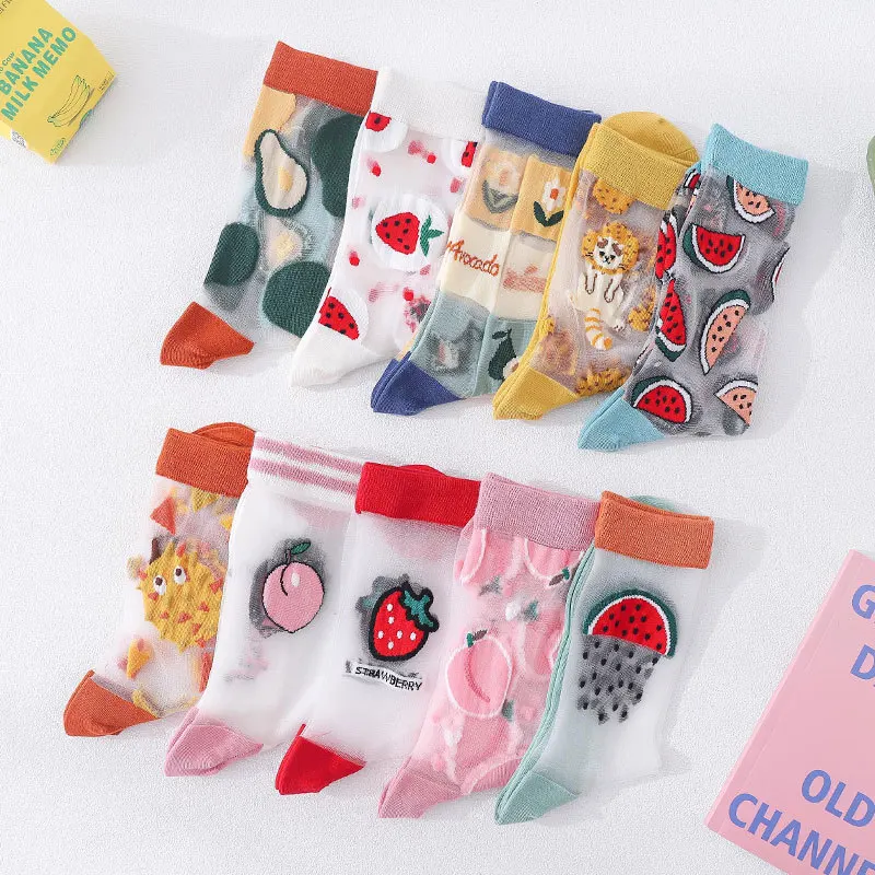 Women Socks Summer Fashion Flowers Animal Thin Mesh Tulle Ankle Crystal Silk Transparent Mesh Retro Cute Fishnet Cool