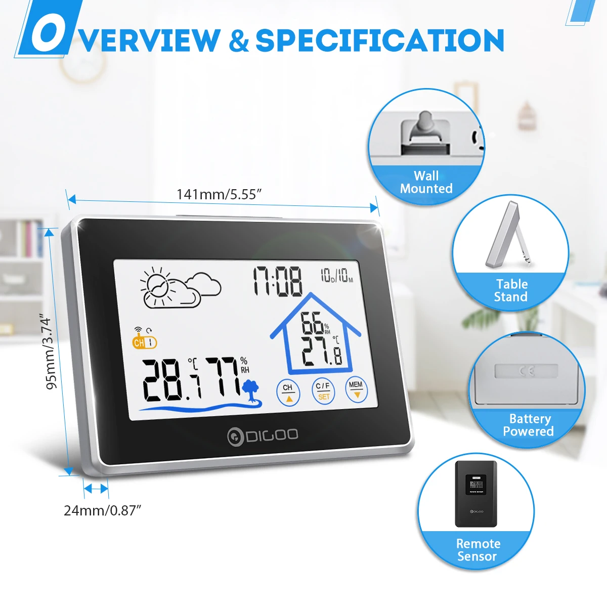 Digoo DG-TH8380, беспроводной термометр с сенсорным экраном, гигрометр, для помещений, метеостанция, для улицы, датчик погоды, часы, счетчик, календарь