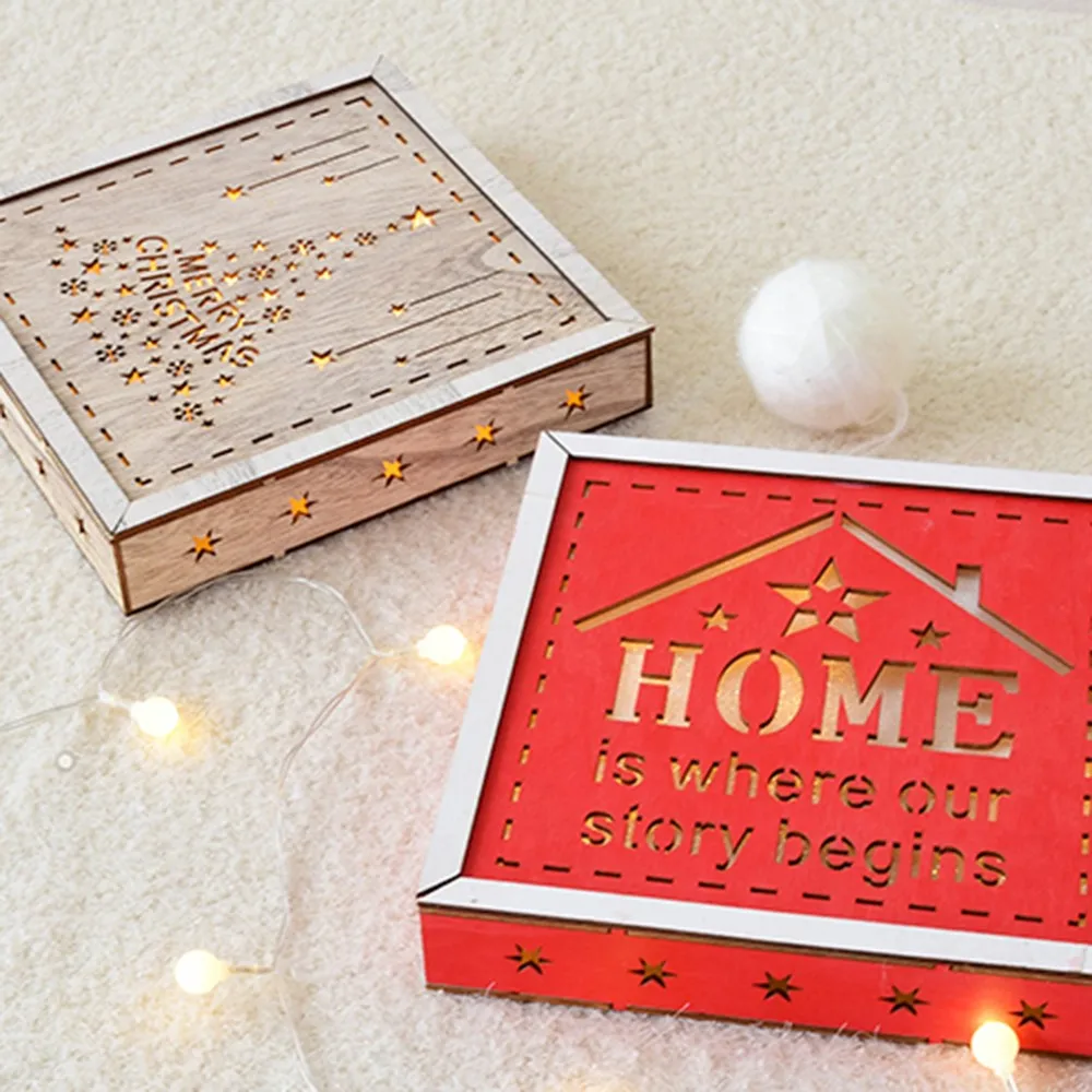 Desktop Ornaments Creative Christmas Wooden Hollow Light Ornaments Pendants Light Box Small Night Light Box Window Home Decors