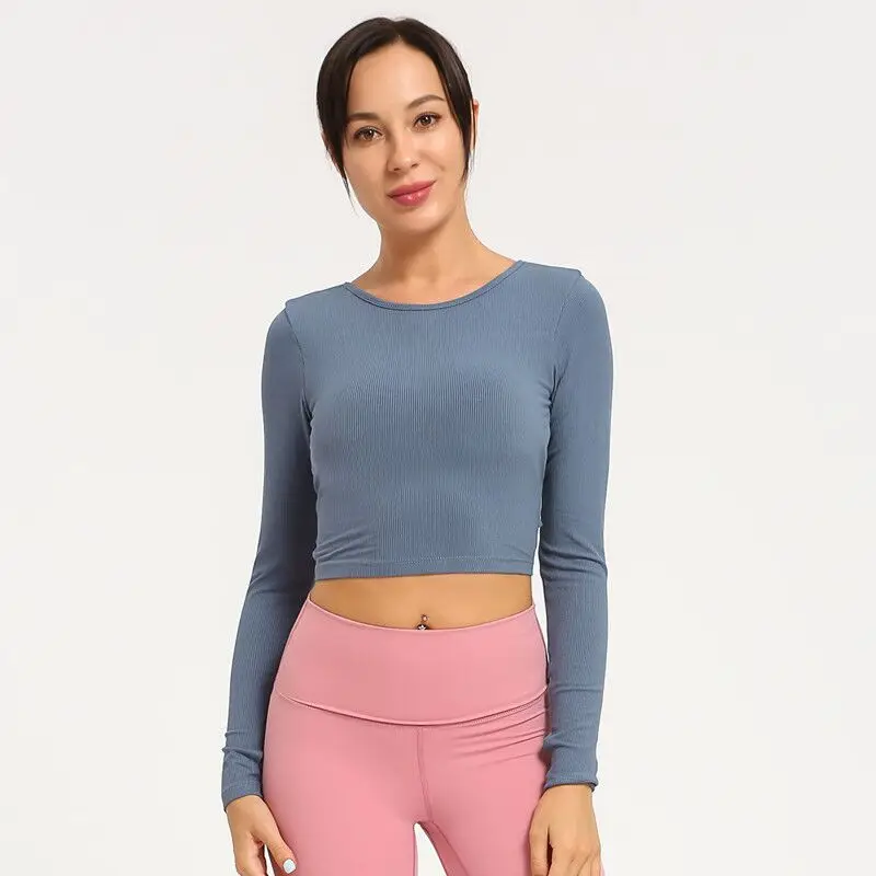 Укороченный топ с длинными рукавами женские футболки для йоги, сексуальная Спортивная рубашка с открытой спиной и отверстием для большого пальца, женская футболка для фитнеса, спортивный топ для тренировок