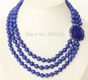 

Free Shipping NEW 3rows round 8mm Lapis Lazuli necklace Carved clasp