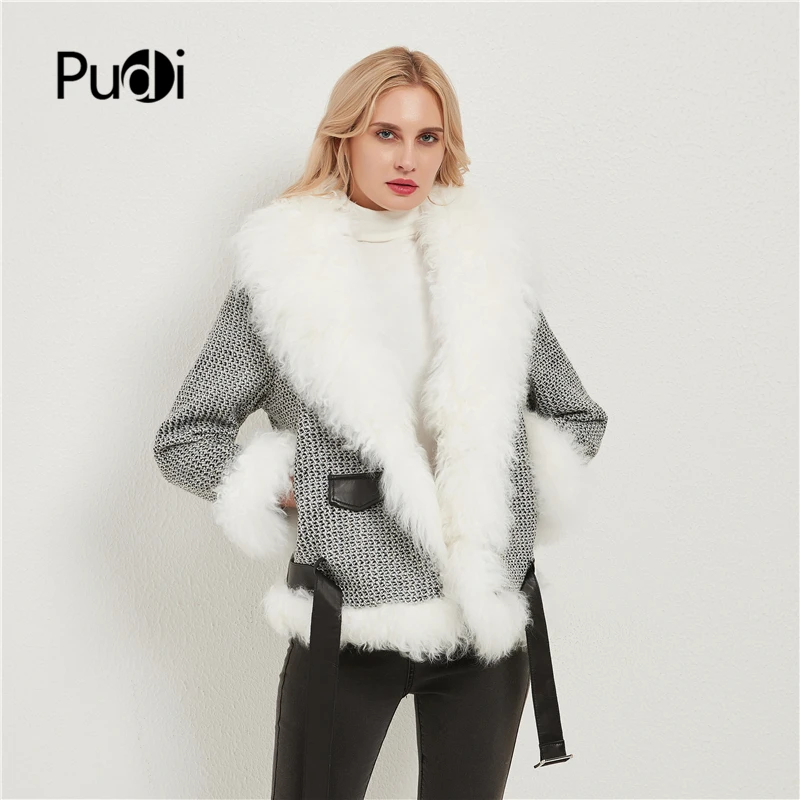 Женская куртка Pudi из натурального меха зимняя теплая парка с воротником овчины